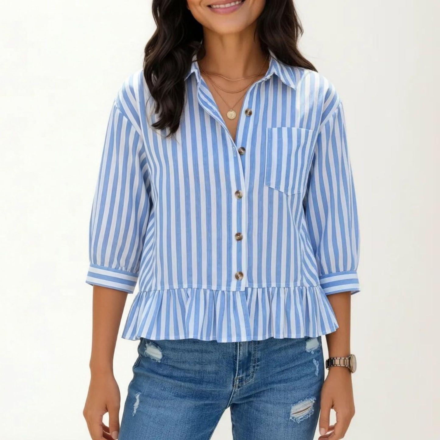 Striped Button Down Blouse with Collar Three Quarter Sleeve Peplum Hem Pocket Detail Casual Shirt