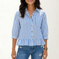 Striped Button Down Blouse with Collar Three Quarter Sleeve Peplum Hem Pocket Detail Casual Shirt