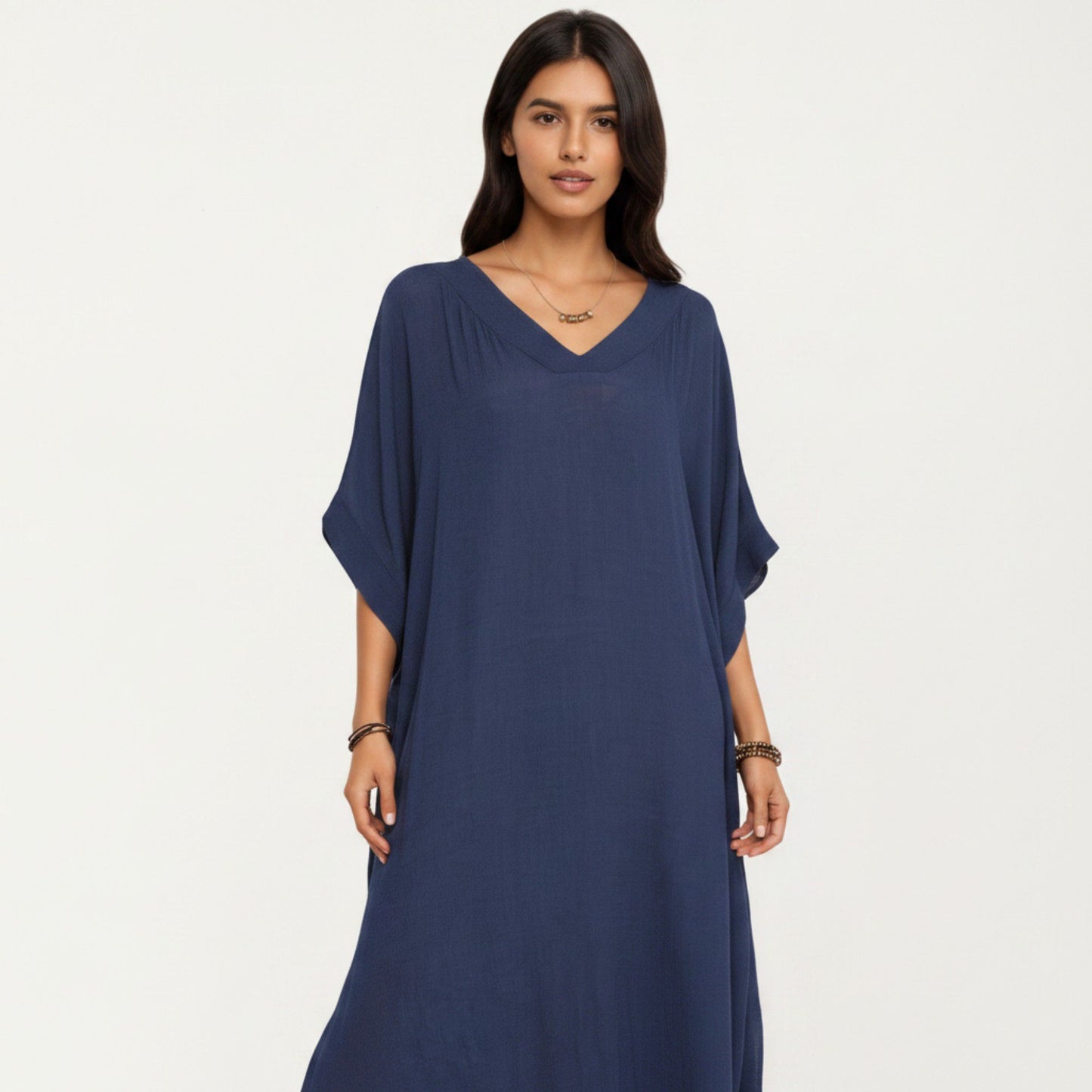 V-Neck Maxi Swim Cover Up Dress Loose Short Sleeve Lightweight Beach Caftan