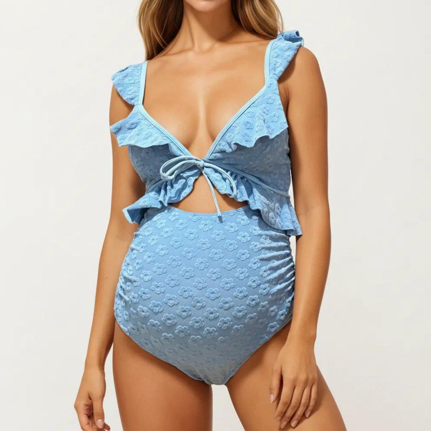 Maternity Ruffle One-Piece Swimsuit with Floral Detail and Front Tie