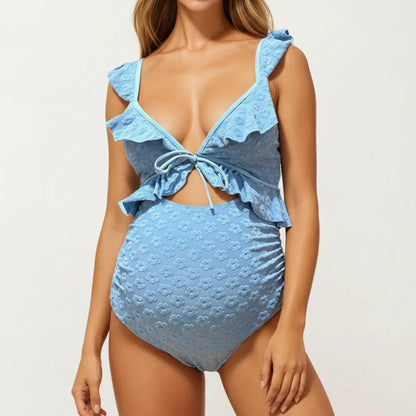 Maternity Ruffle One-Piece Swimsuit with Floral Detail and Front Tie