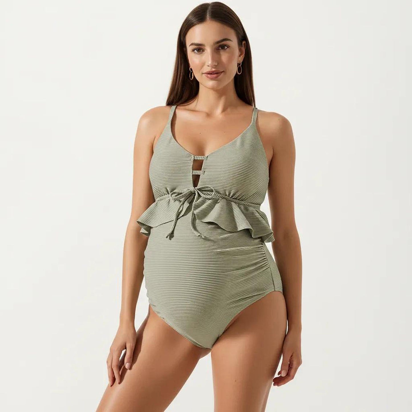 Maternity One-Piece Swimsuit with Ruffle Trim and Front Tie Detail