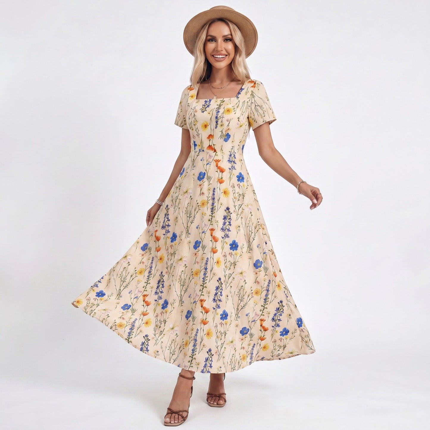 Floral Maxi Dress Square Neck Short Sleeve A Line Button Front Dress