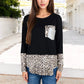 Long Sleeve Leopard Print Color Block Top with Sequins