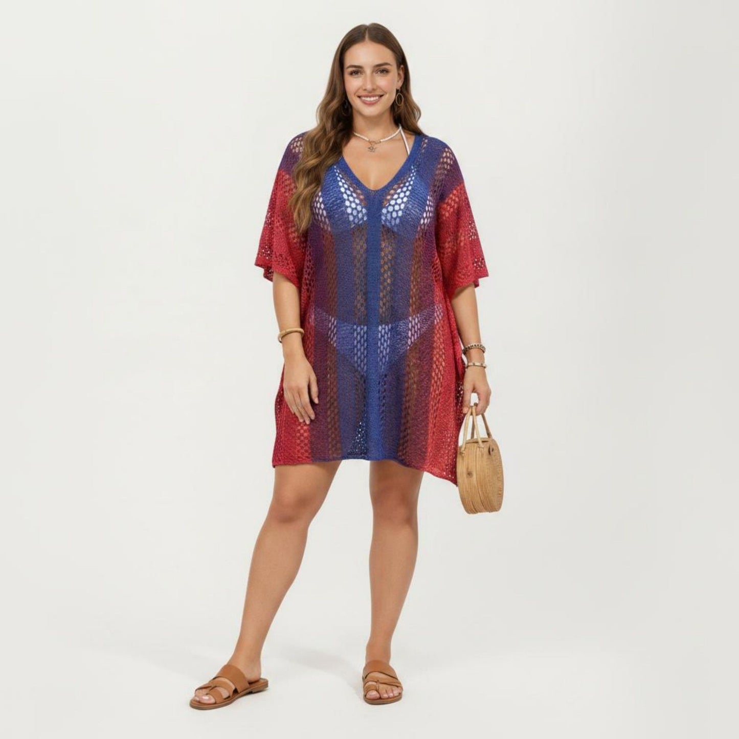 Ombre Crochet Swim Cover Up Dress with Open Knit Mesh Design V Neck Short Sleeves Relaxed Fit