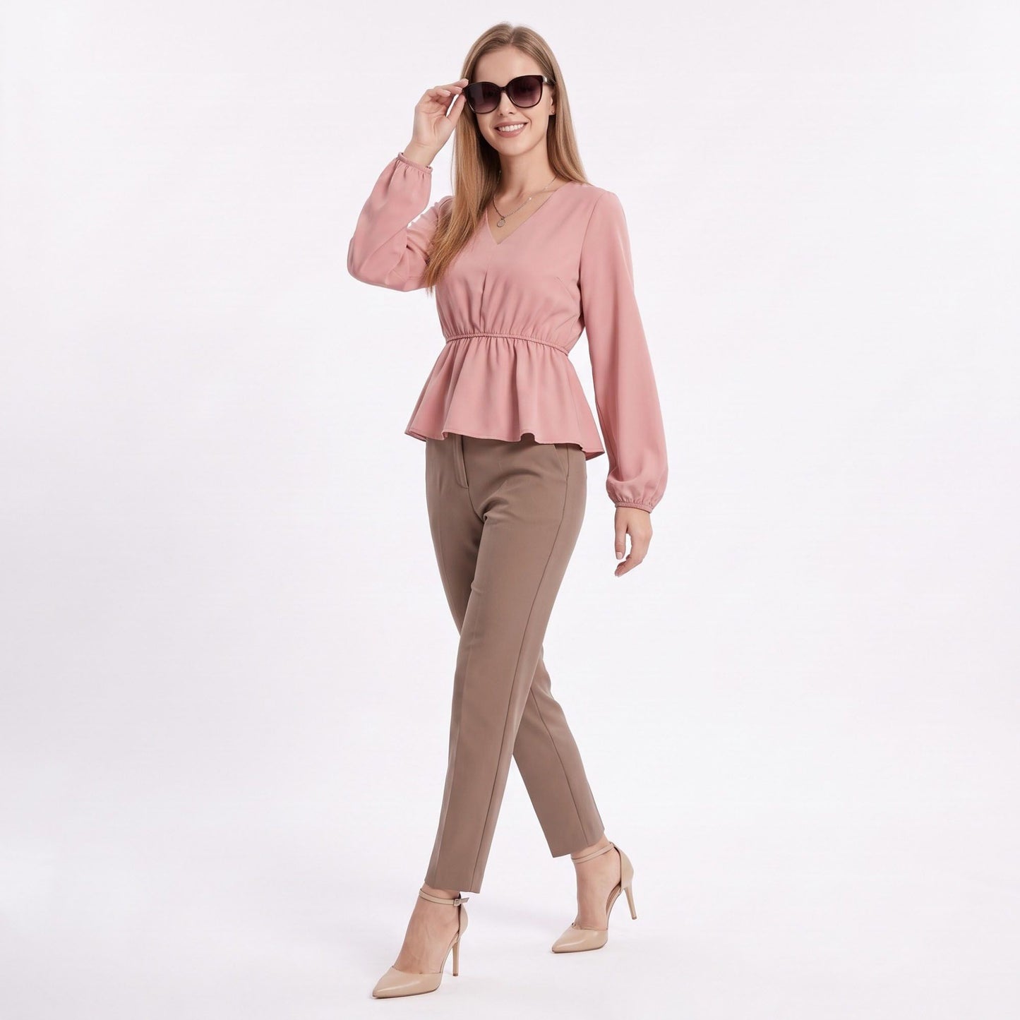V Neck Long Sleeve Peplum Blouse Elastic Waist Casual Dressy Top