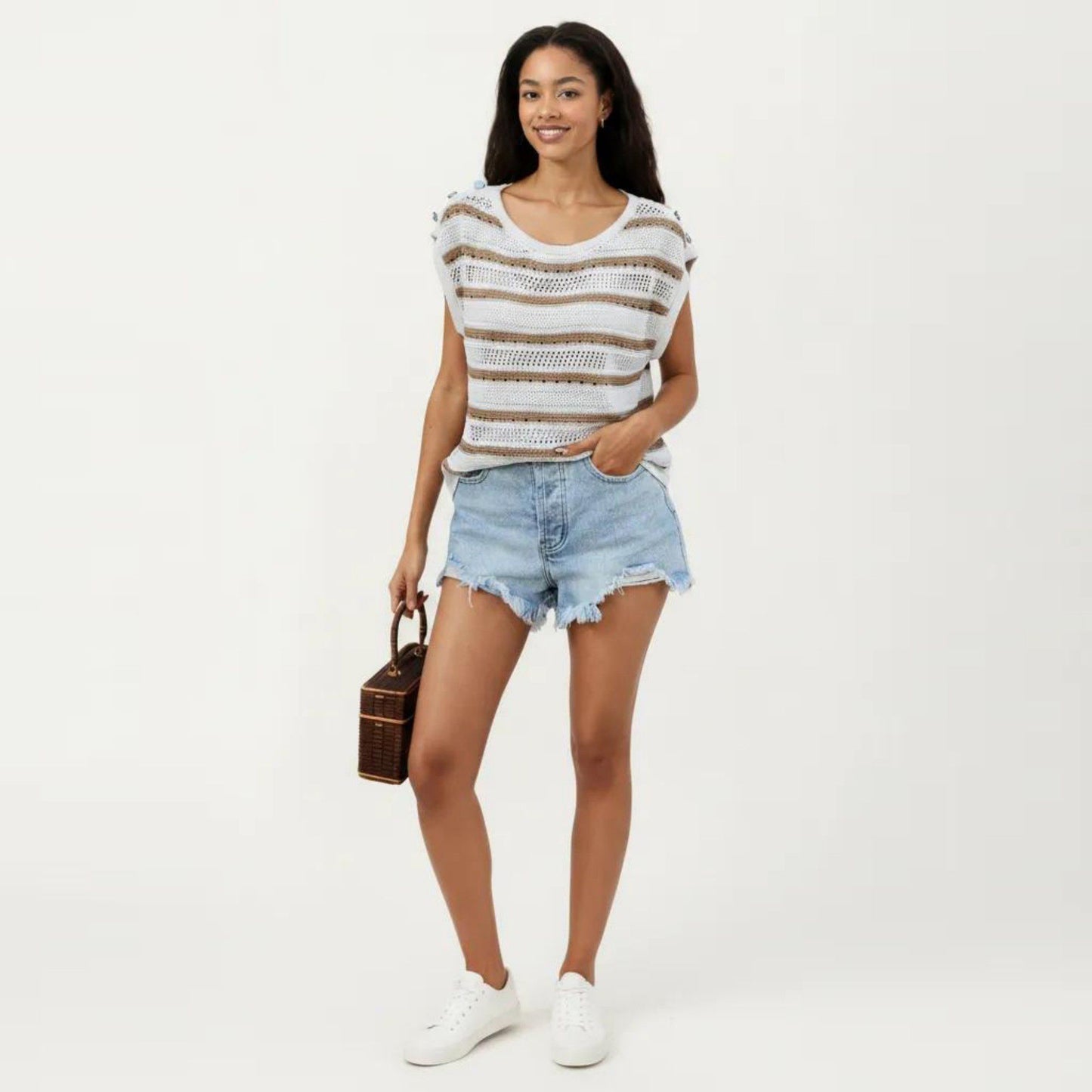 Short Sleeve Striped Open Knit Top with Button Shoulder Detail and Relaxed Fit