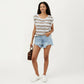 Short Sleeve Striped Open Knit Top with Button Shoulder Detail and Relaxed Fit