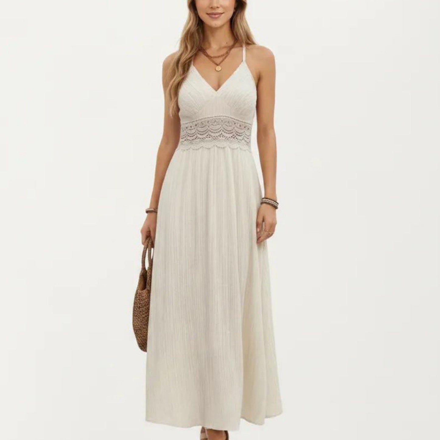 Boho Crochet Lace Inset Maxi Dress with Keyhole Back