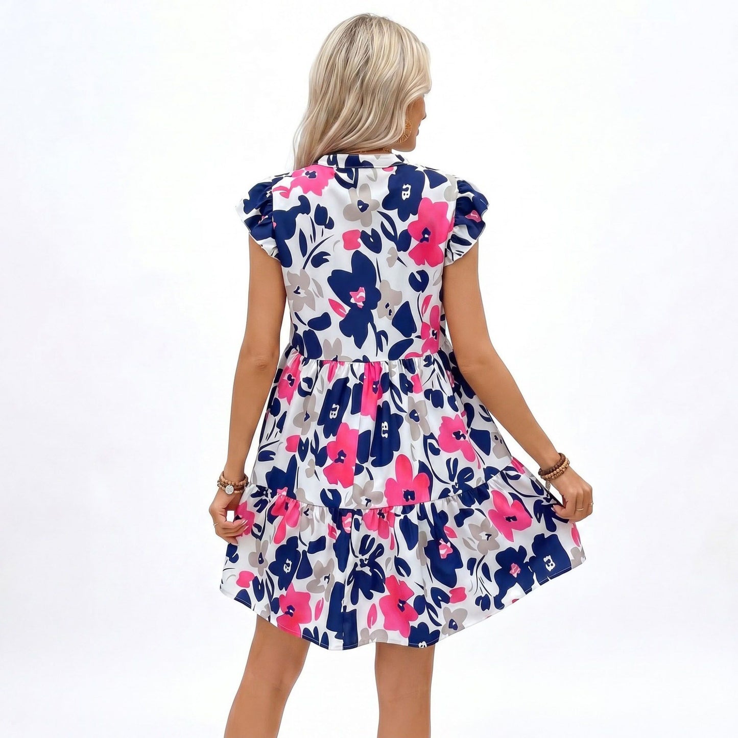 Floral Print Ruffle Sleeve Tiered Mini Dress