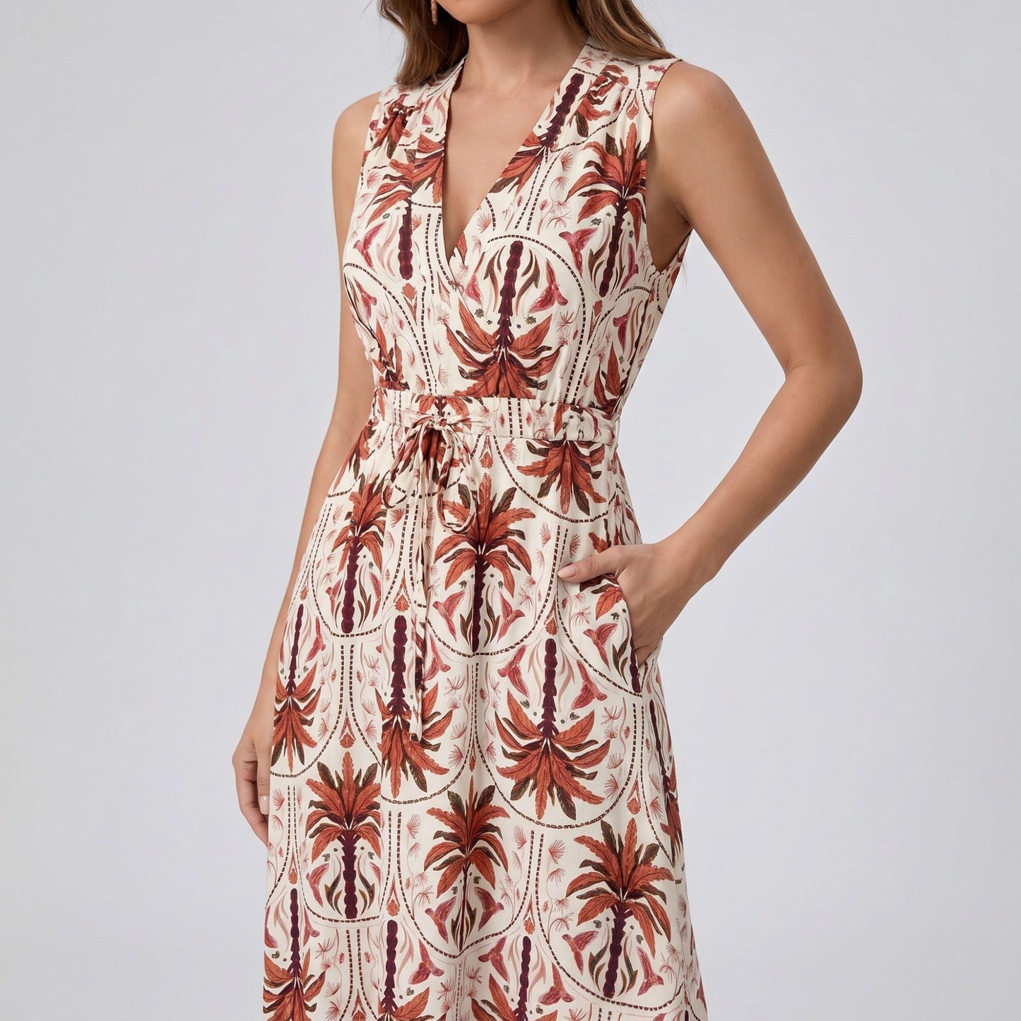 Botanical Print Sleeveless V-Neck Tie Waist Maxi Dress with Side Pockets and Relaxed A-Line Silhouette