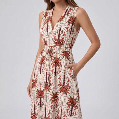 Botanical Print Sleeveless V-Neck Tie Waist Maxi Dress with Side Pockets and Relaxed A-Line Silhouette