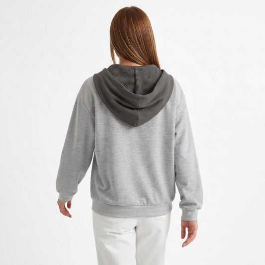 Contrast Collar Henley Long Sleeve Relaxed Pullover Sweatshirt