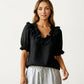 Ruffle Neck Blouse with Short Puff Sleeves and Textured Linen-Like Fabric