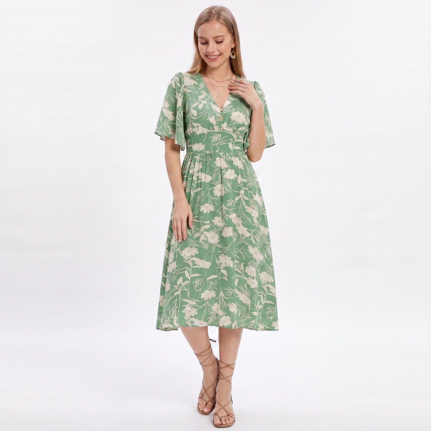 Floral Print Flutter Sleeve Smocked Waist Midi Dress