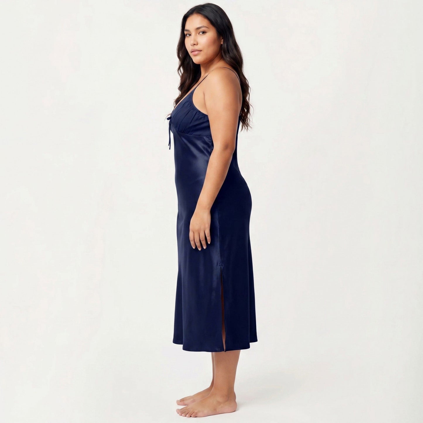 Plus Size Satin Chemise Nightgown with Lace Trim Neckline Adjustable Straps Side Slit Slip Dress