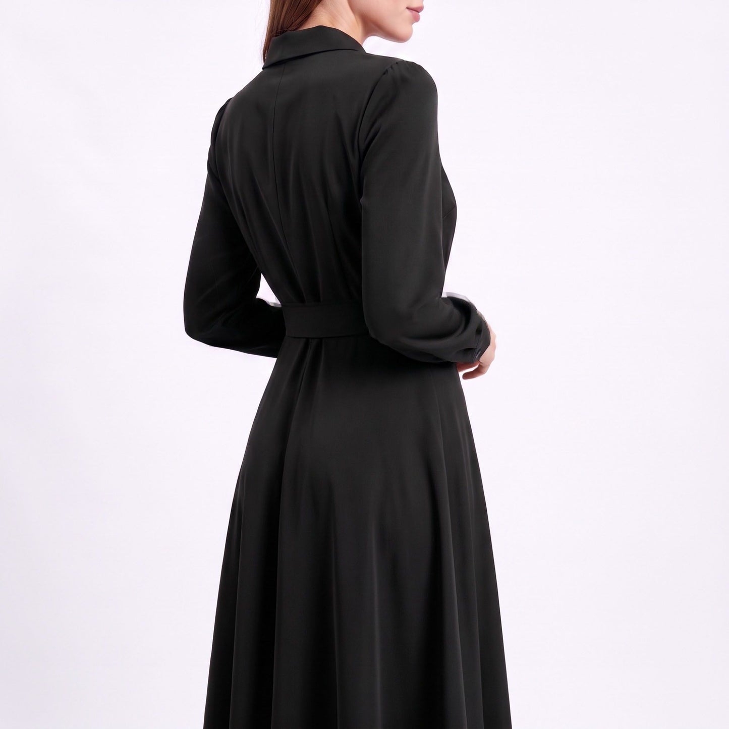 Long Sleeve Notched Collar Midi Dress with Defined Waist and Flared Skirt
