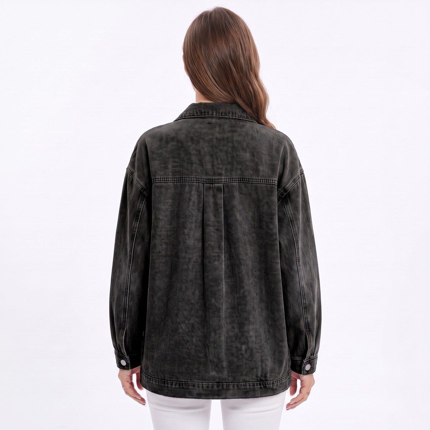 Oversized Denim Jacket Button Front Long Sleeve Casual Jean Shacket With Pockets