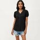 Short Sleeve Swiss Dot Top with Lace Trim V-Neck and Puff Sleeves