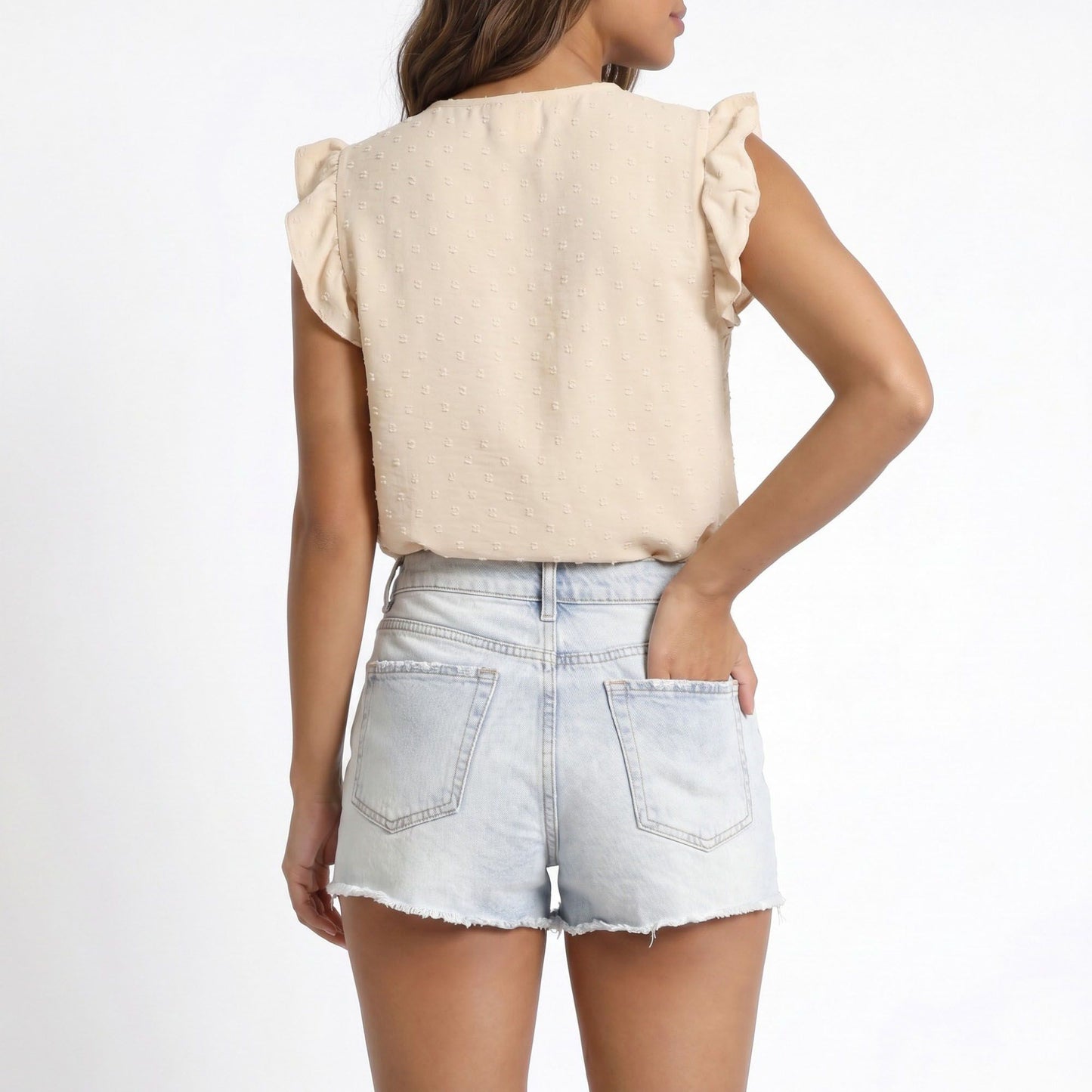 Swiss Dot Ruffle Sleeve Button Front Blouse