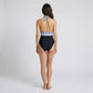 Printed Halter One Piece Swimsuit with Deep V-Neck Contrast Waist Panel and Classic Leg