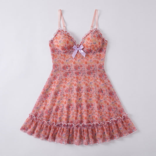 Floral Print Mesh Ruffle Chemise Nightgown