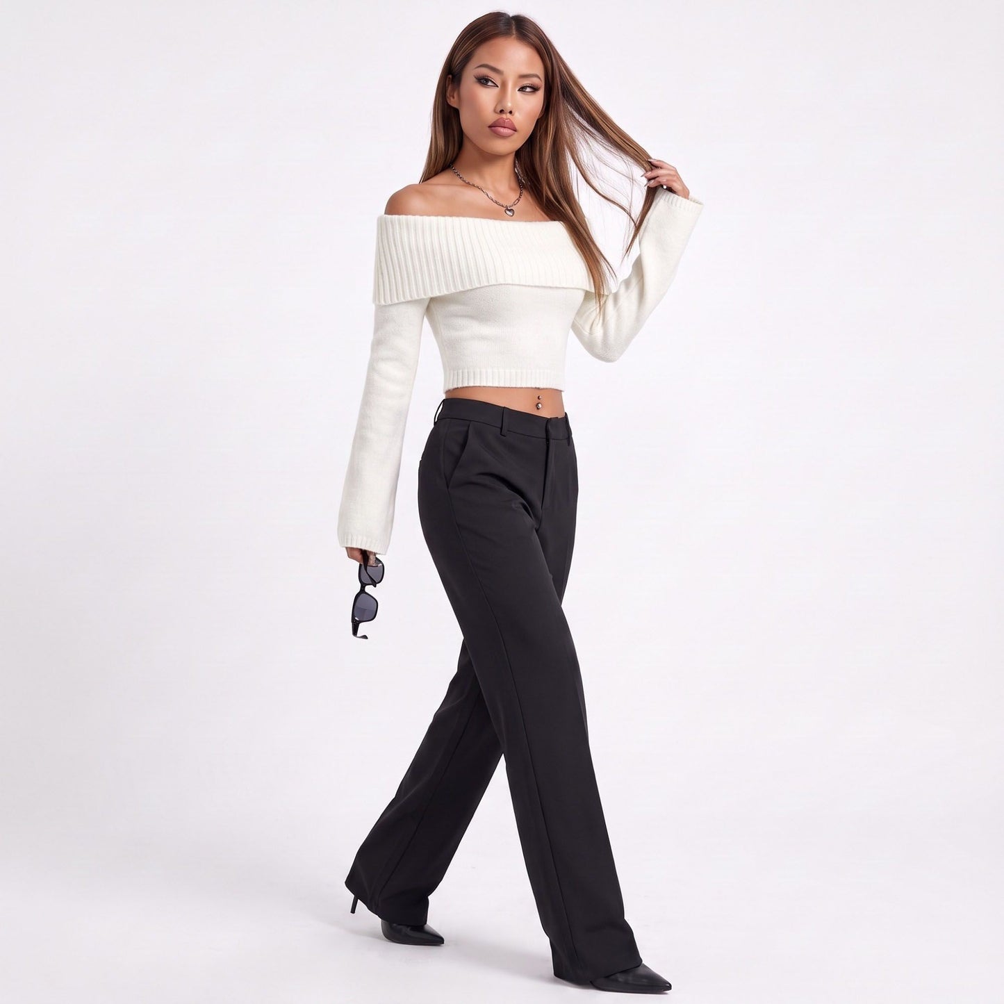 Off Shoulder Foldover Cropped Knit Sweater