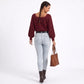 Square Neck Textured Stripe Balloon Sleeve Knit Sweater