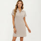 Short Sleeve Collared Mini Dress with Split V Neck Textured Knit Relaxed Fit Casual Dress
