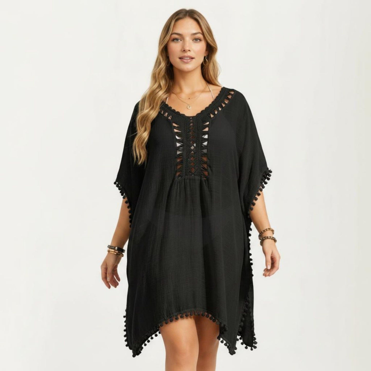 Swim Cover Up Dress with Crochet Cutout Neckline Pom Trim Hem Loose Short Sleeves Relaxed Fit