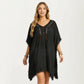 Swim Cover Up Dress with Crochet Cutout Neckline Pom Trim Hem Loose Short Sleeves Relaxed Fit