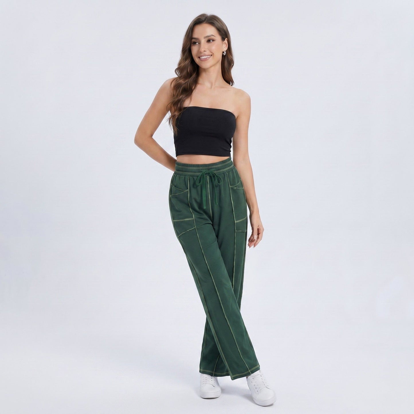 High Rise Drawstring Wide Leg Utility Pants with Patch Pockets