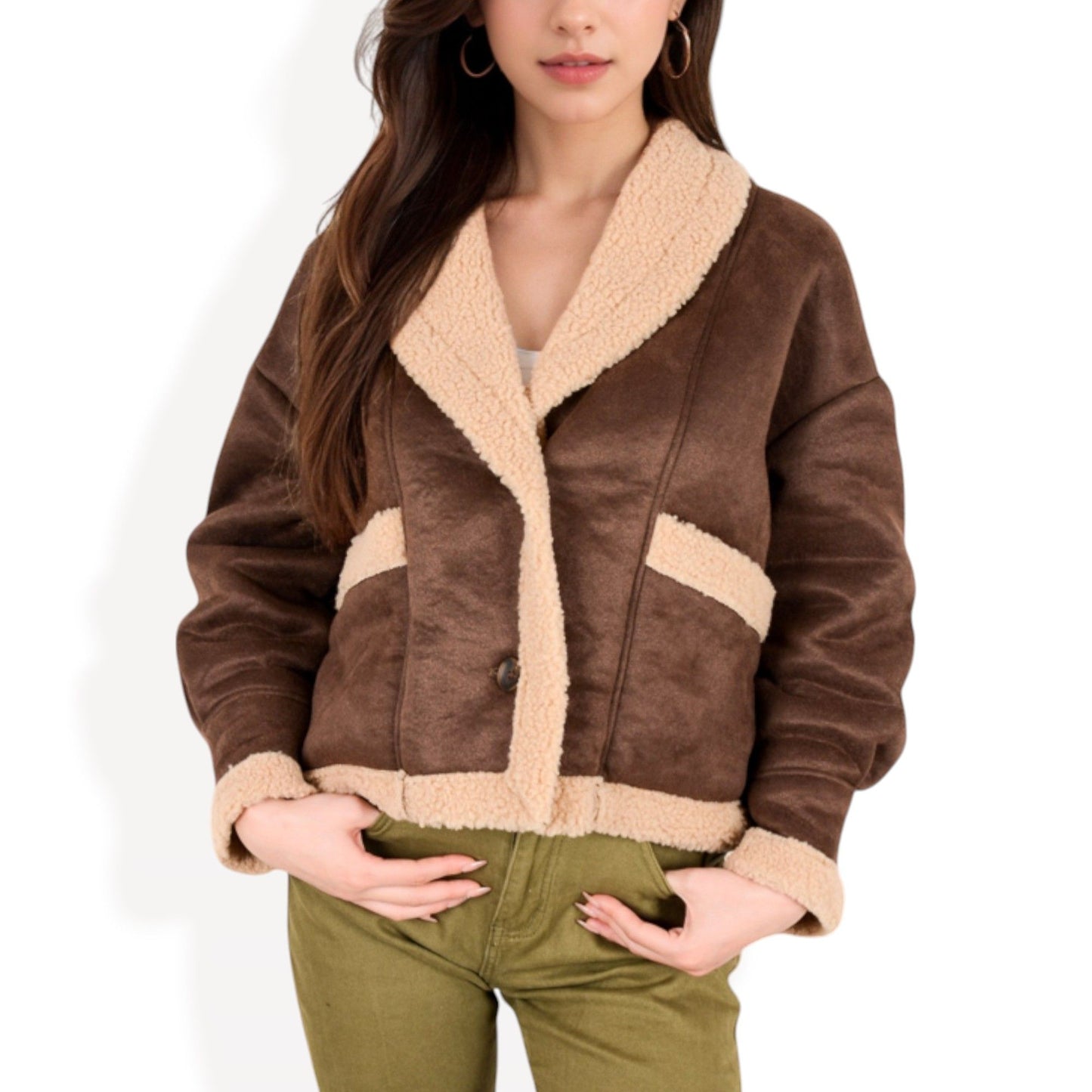 Faux Shearling Jacket with Shawl Collar and Contrast Trim