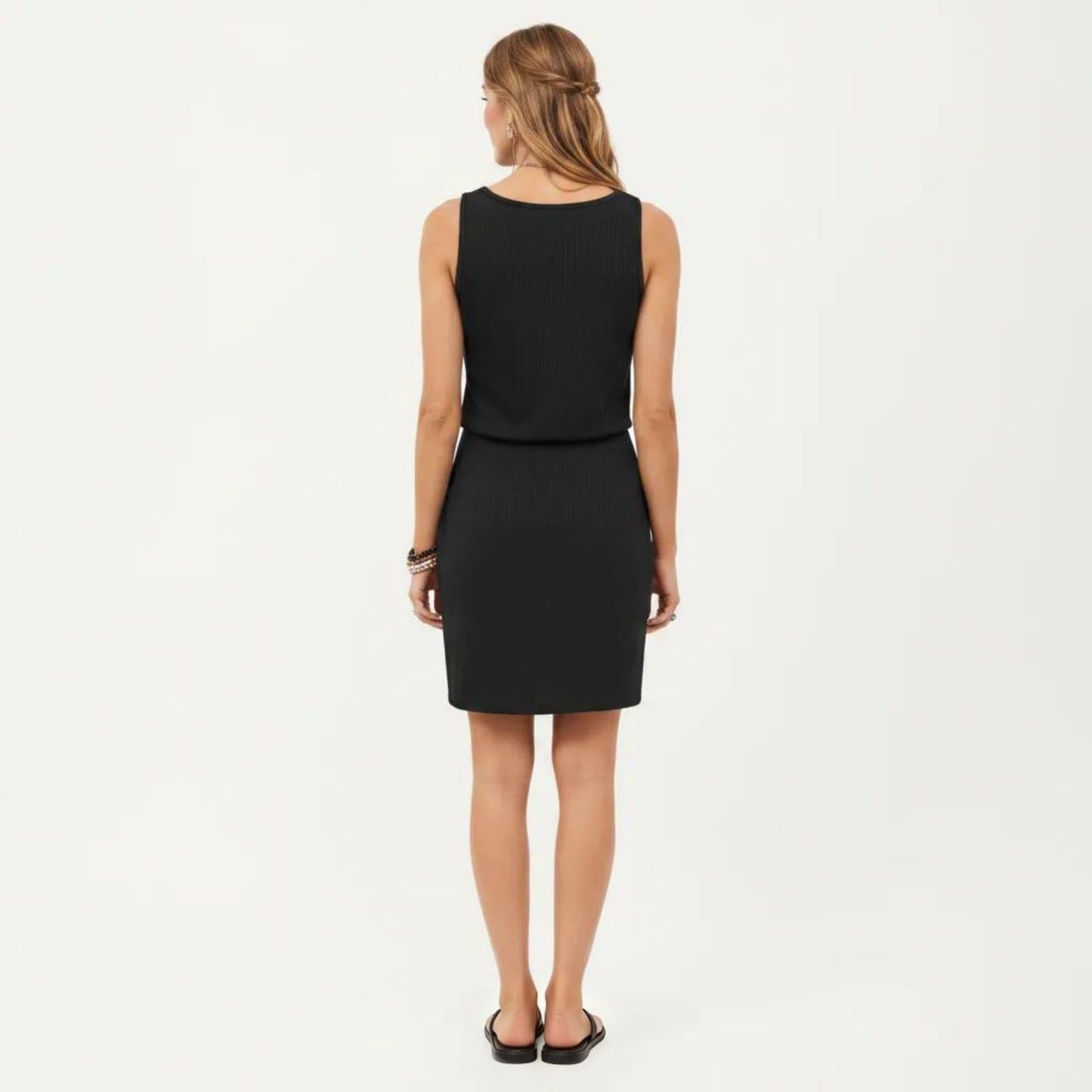 Sleeveless Tank Dress with Scoop Neck Adjustable Drawstring Waist Fitted Casual Mini Dress