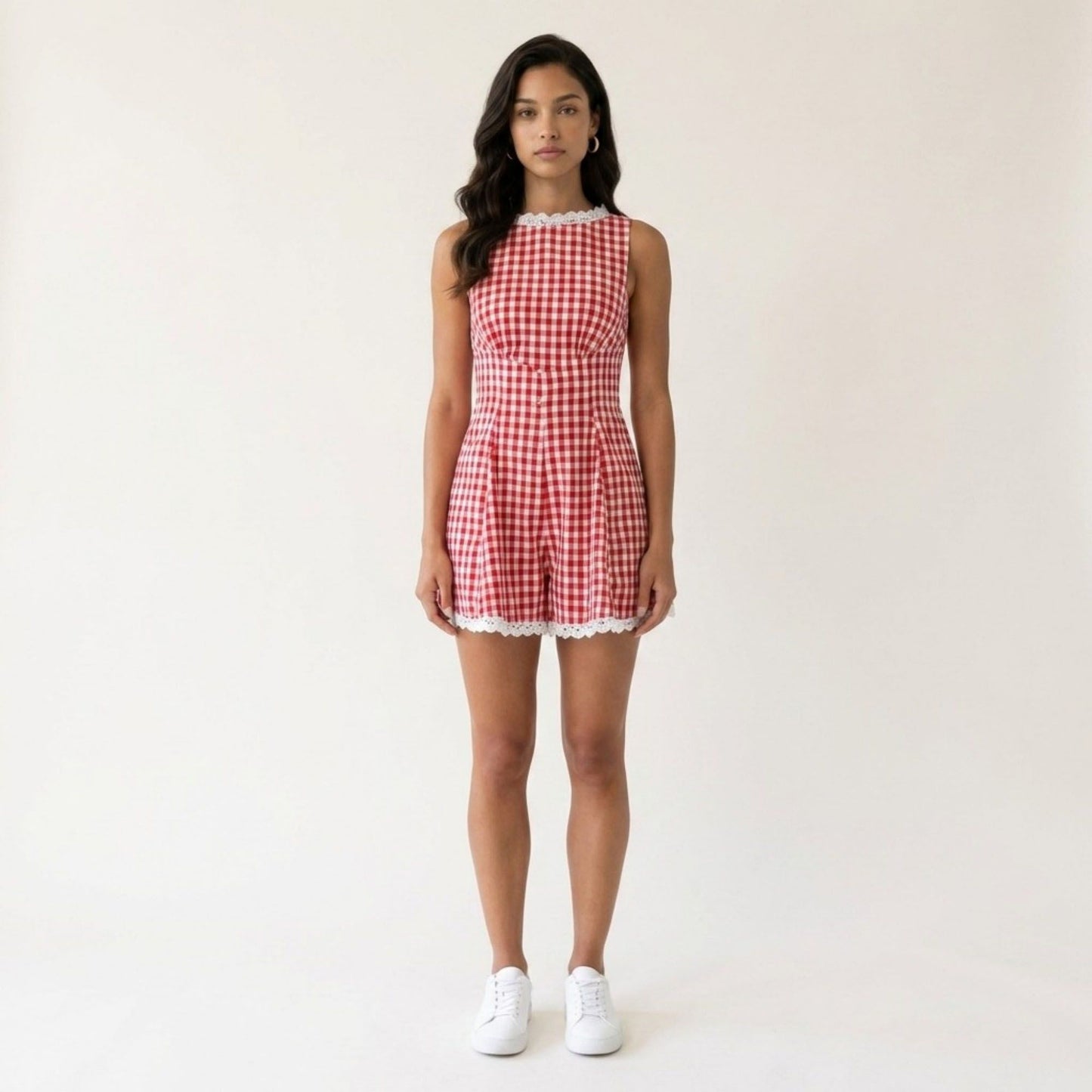 Gingham Romper Sleeveless Lace Trim Fit and Flare Lightweight Casual One Piece
