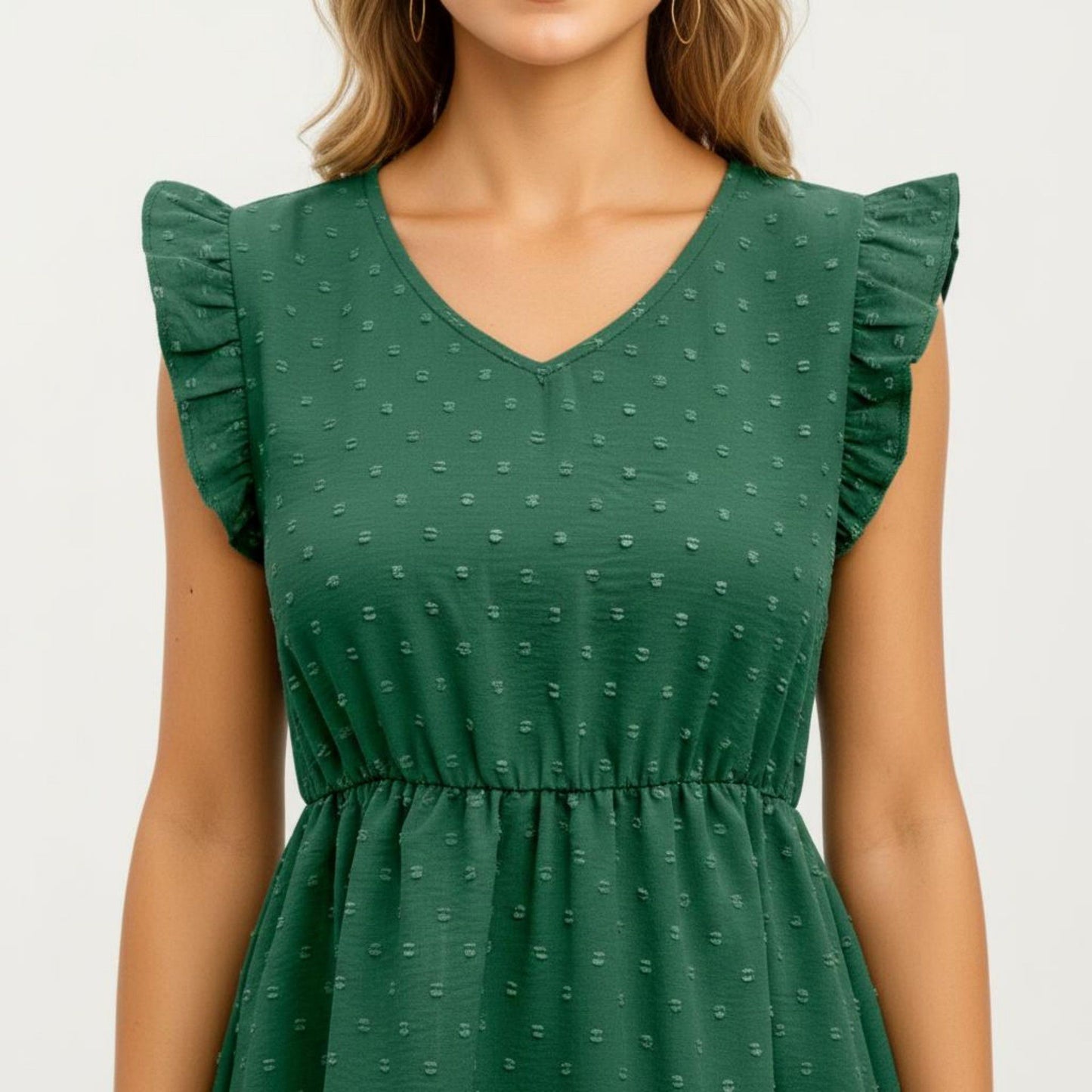 Swiss Dot Babydoll Dress with Ruffle Sleeves and V-Neckline