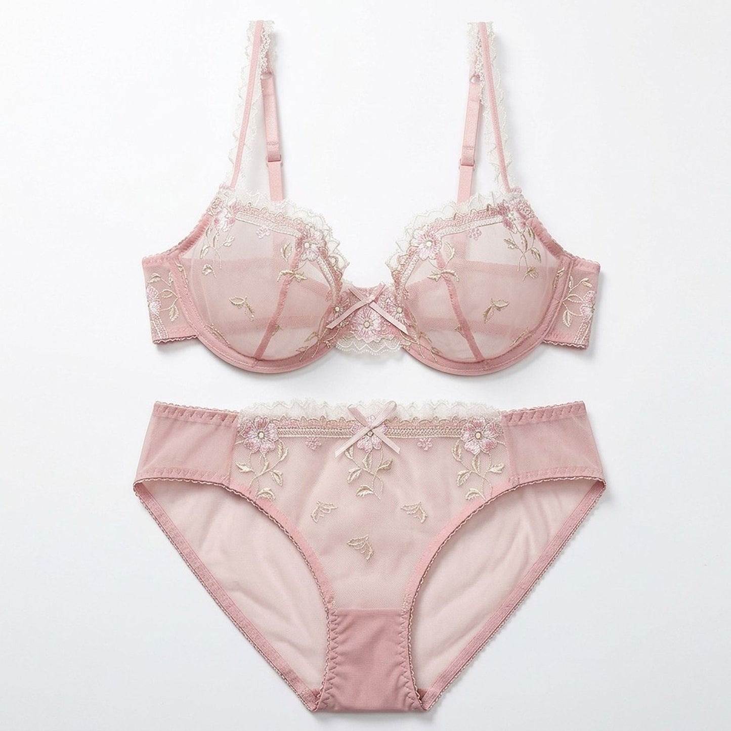 Delicate Floral Embroidered Sheer Lace Underwire Bra and Panty Set