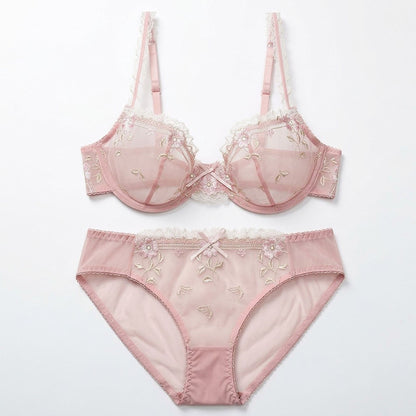 Delicate Floral Embroidered Sheer Lace Underwire Bra and Panty Set