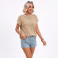 Short Sleeve Sweater Top Scallop Trim Crew Neck Knit Blouse