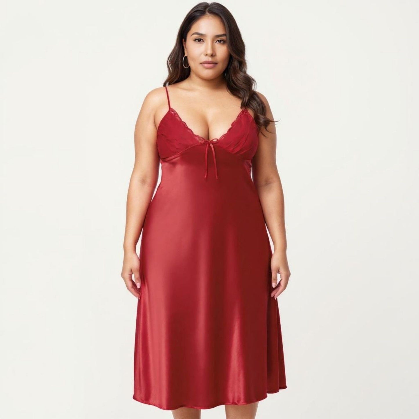 Plus Size Satin Chemise Nightgown with Lace Trim Neckline Adjustable Straps Side Slit Slip Dress
