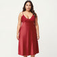 Plus Size Satin Chemise Nightgown with Lace Trim Neckline Adjustable Straps Side Slit Slip Dress