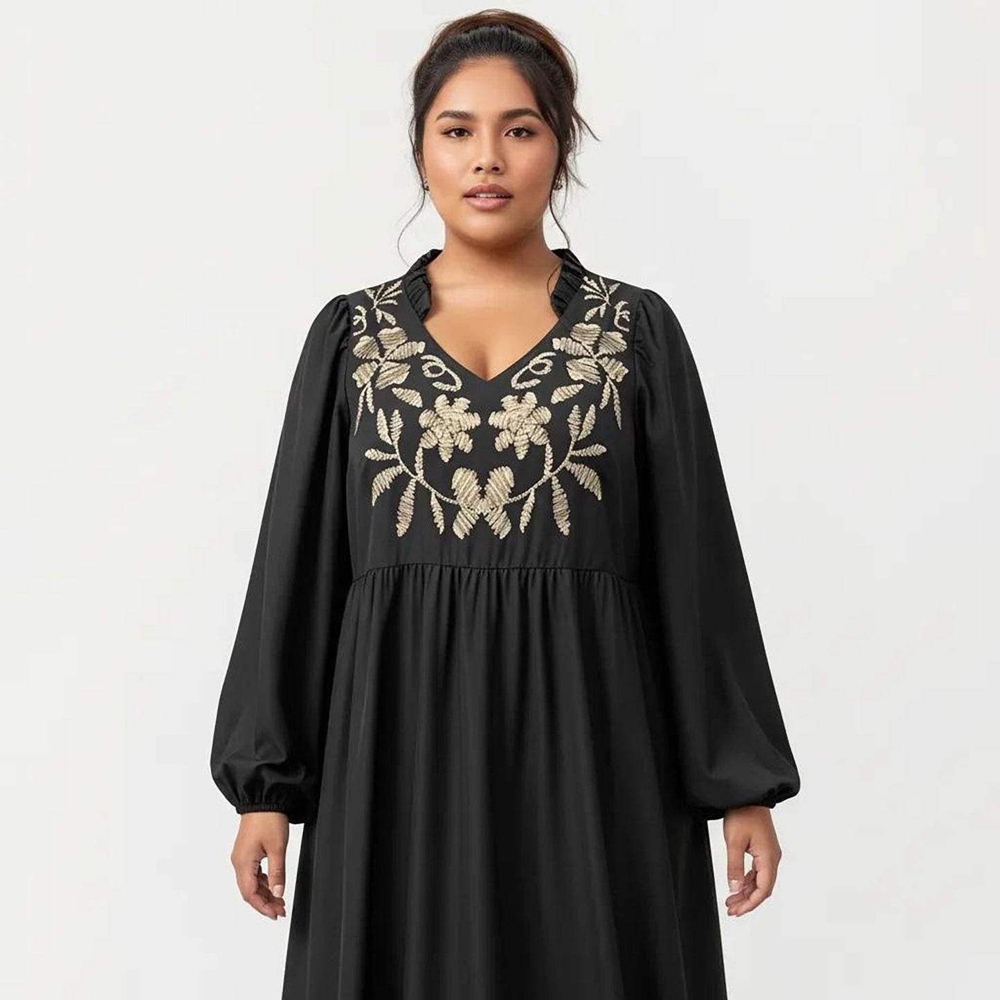 Plus Size Long Sleeve V Neck Dress with Floral Embroidered Bodice and Flowy Tiered Skirt