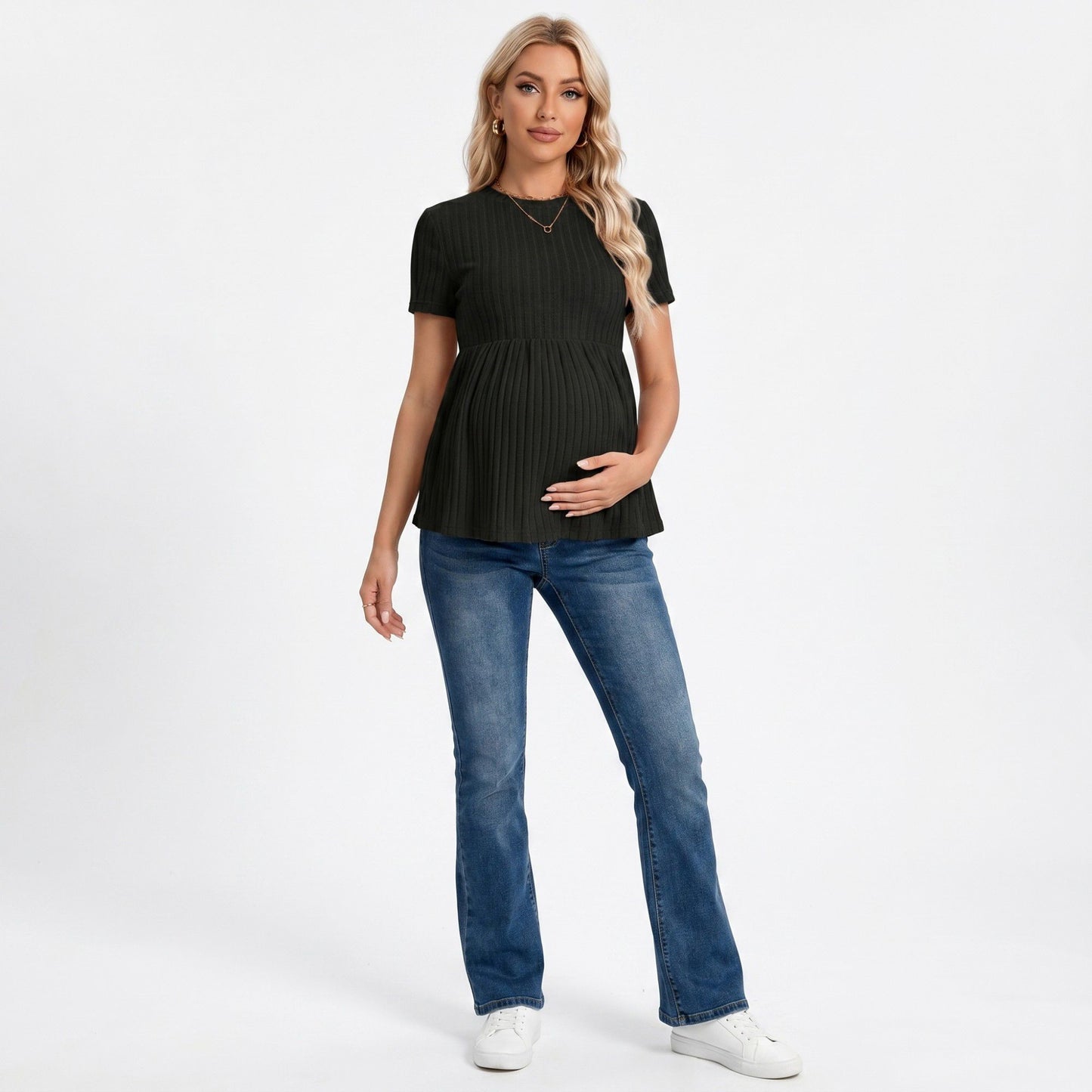 Short Sleeve Rib Knit Peplum Maternity Top with Round Neck