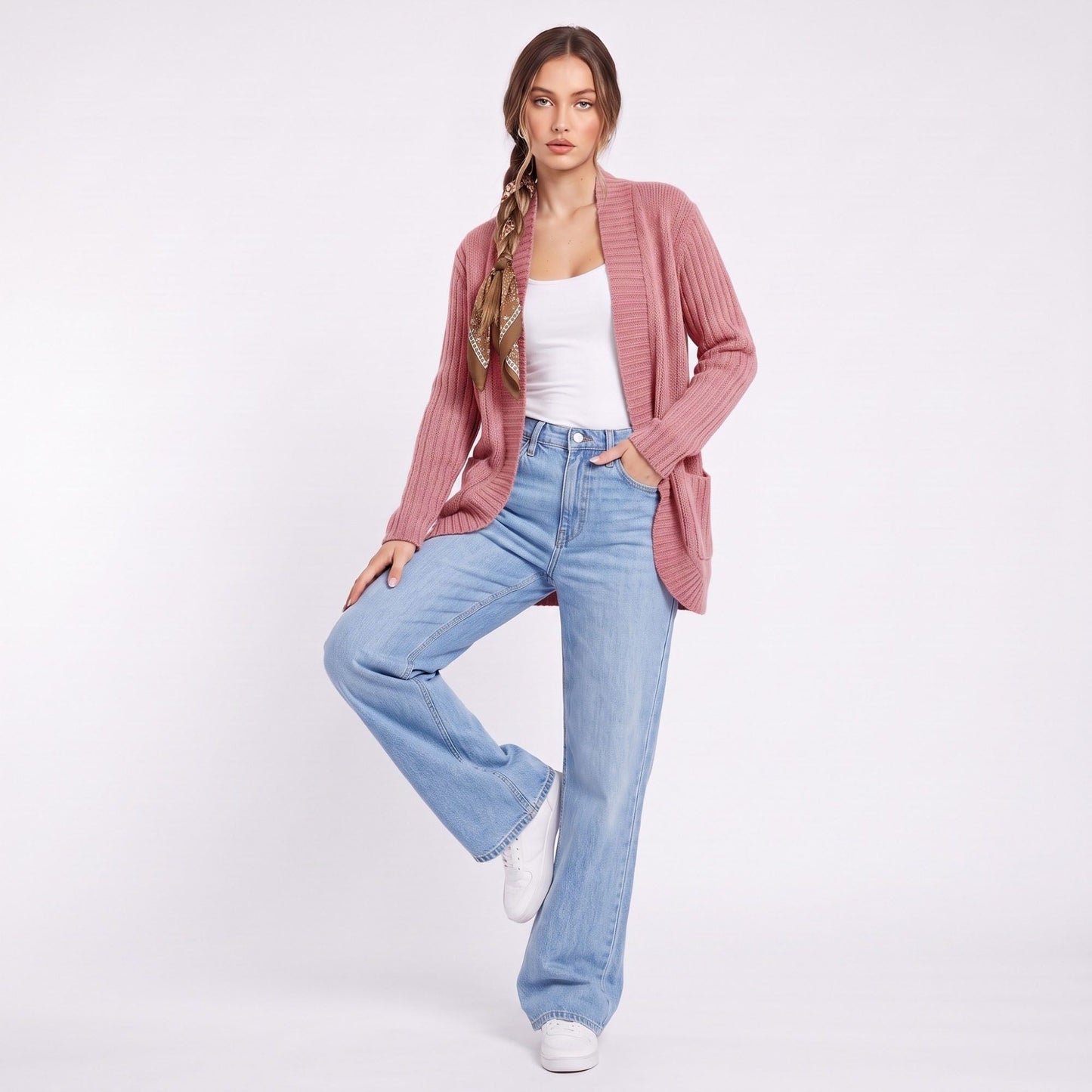 Open Front Ribbed Knit Cardigan with Pockets