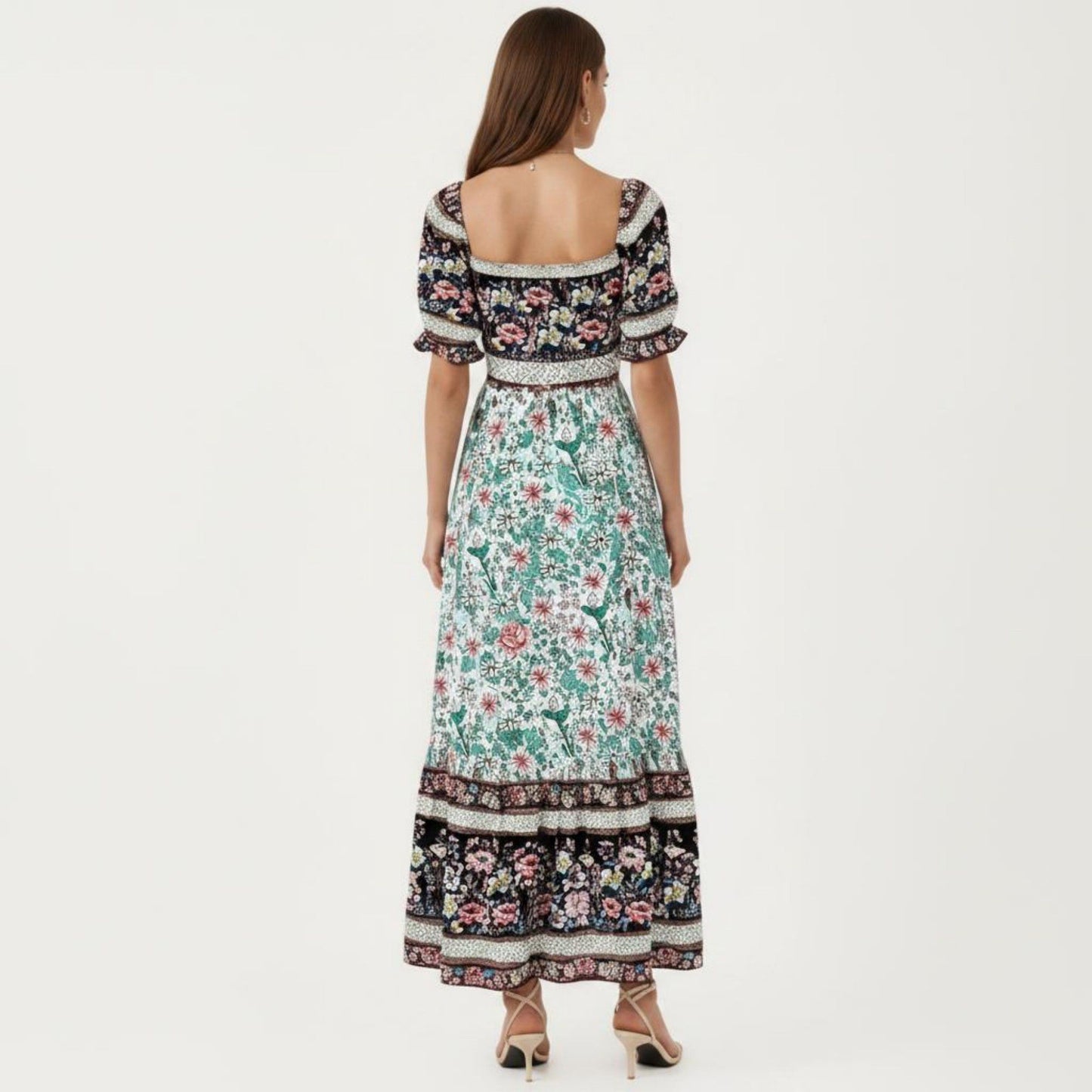 Puff Sleeve Maxi Dress with Mixed Floral Print and Border Hem