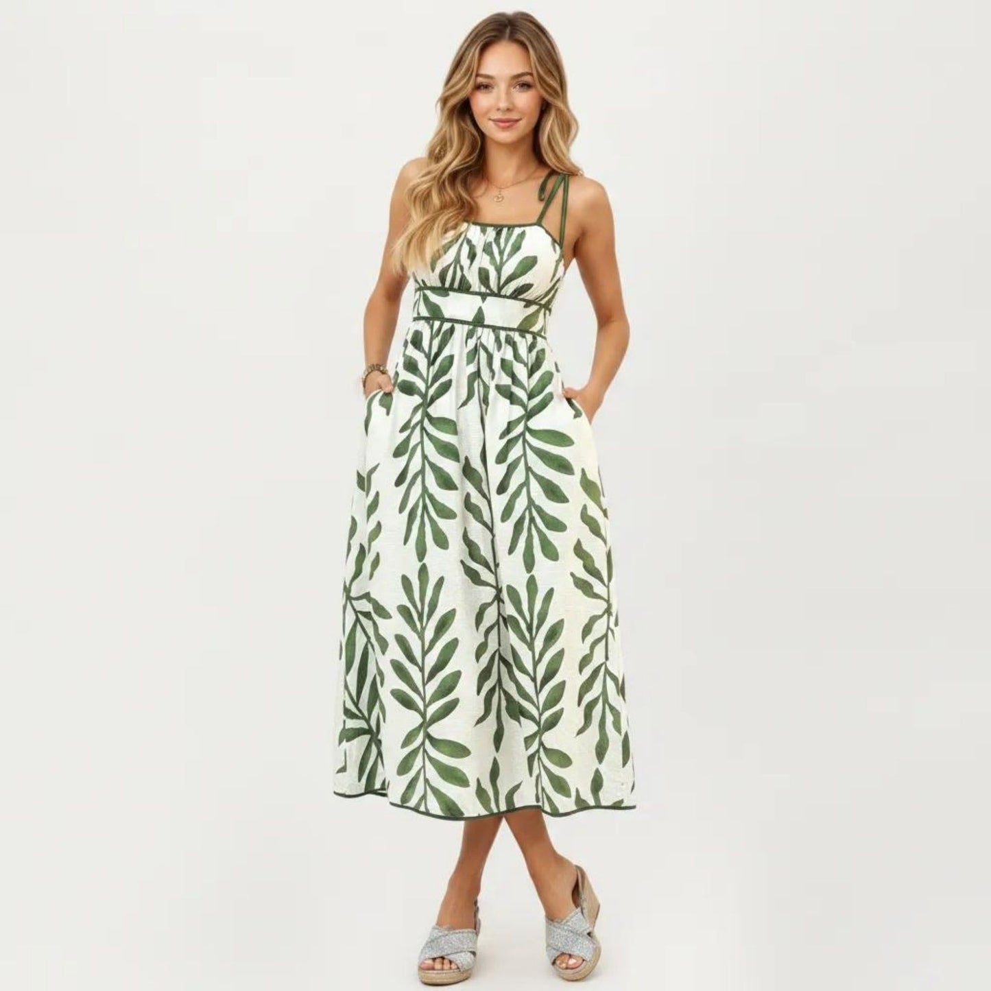 Sleeveless Midi Dress with Leaf Print Tie Shoulder Straps Smocked Back Flowy A-Line Silhouette
