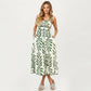 Sleeveless Midi Dress with Leaf Print Tie Shoulder Straps Smocked Back Flowy A-Line Silhouette