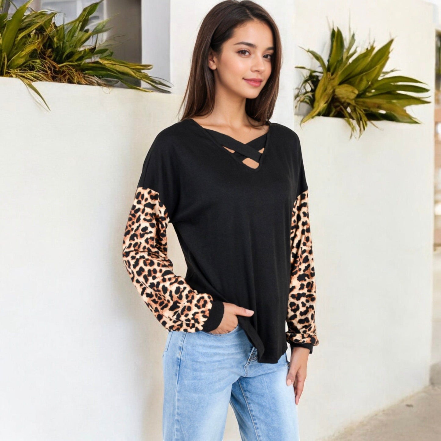 Crisscross V-Neck Top with Leopard Print Sleeves