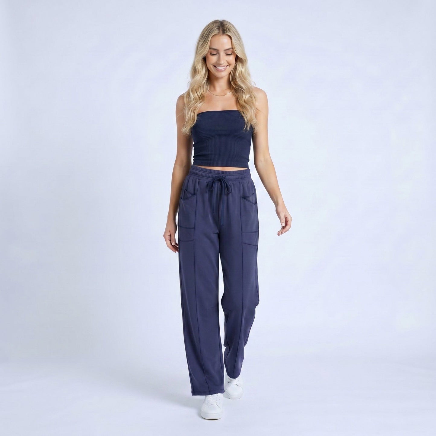High Rise Drawstring Wide Leg Utility Pants with Patch Pockets