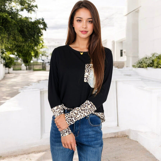 Long Sleeve Leopard Print Color Block Top with Sequins